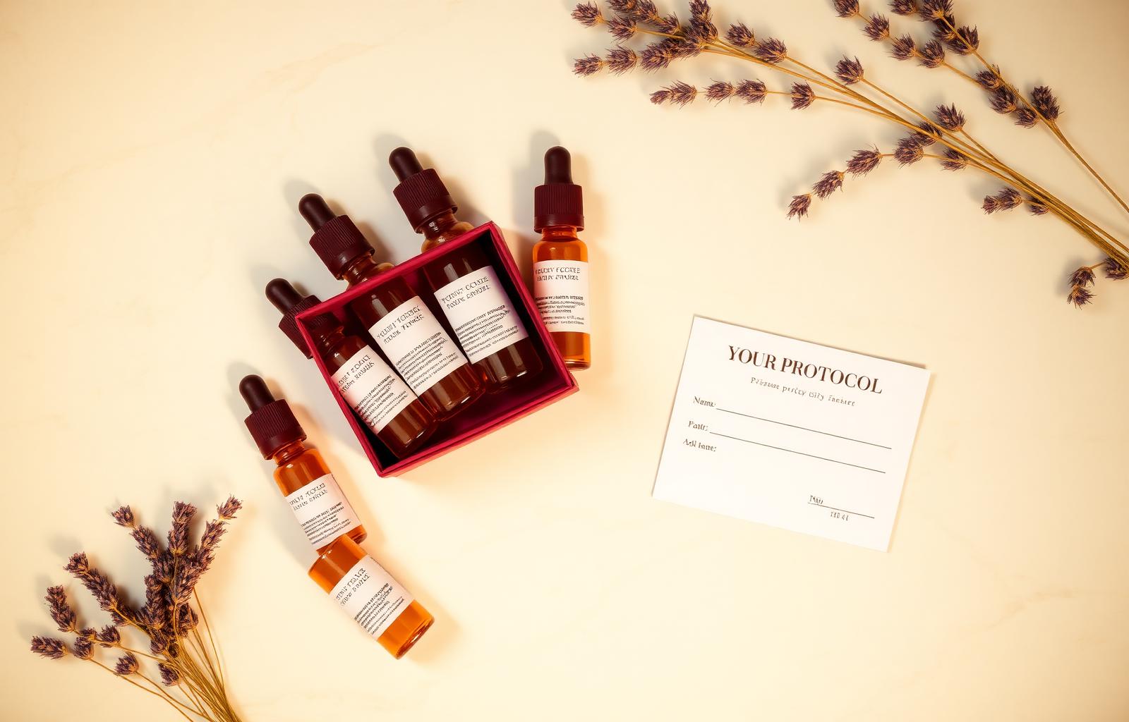 Phone with intake form, prescription pad, peptide vial and cold-chain shipping box